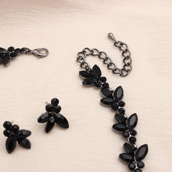 Bridal Wedding Crystal Leaf Choker Necklace Dangle Earring Bracelet Brides Bridesmaid Jewelry Set for Women
