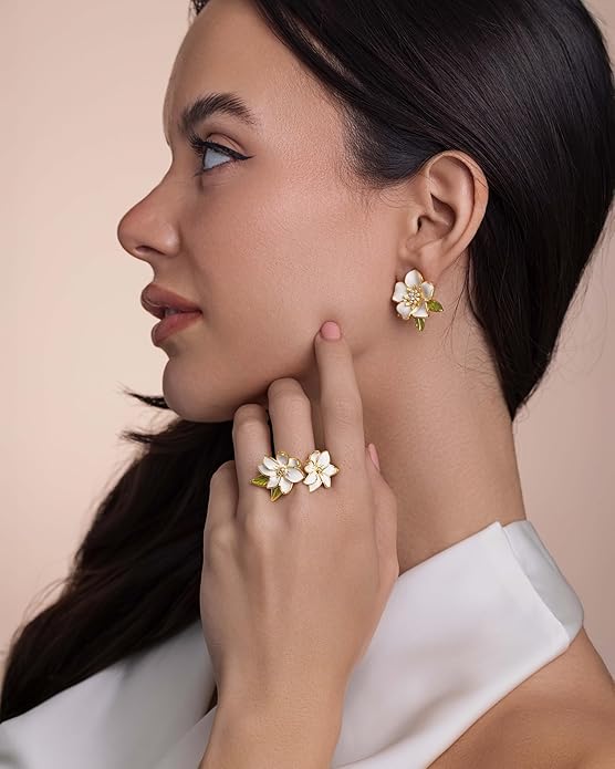 Gold Rose Pink Enamel Floral CZ FULLY ADJUSTABLE Statement Open Ring for Women by SNGIA, Daisy Orchid Flower Leaf Summer Beach Handmade Unique Pinky Band, Chunky Sunflower Stackable Cute Cuff Cocktail Ring Birthday Gift, Natural Bold Exaggerated Irregu...