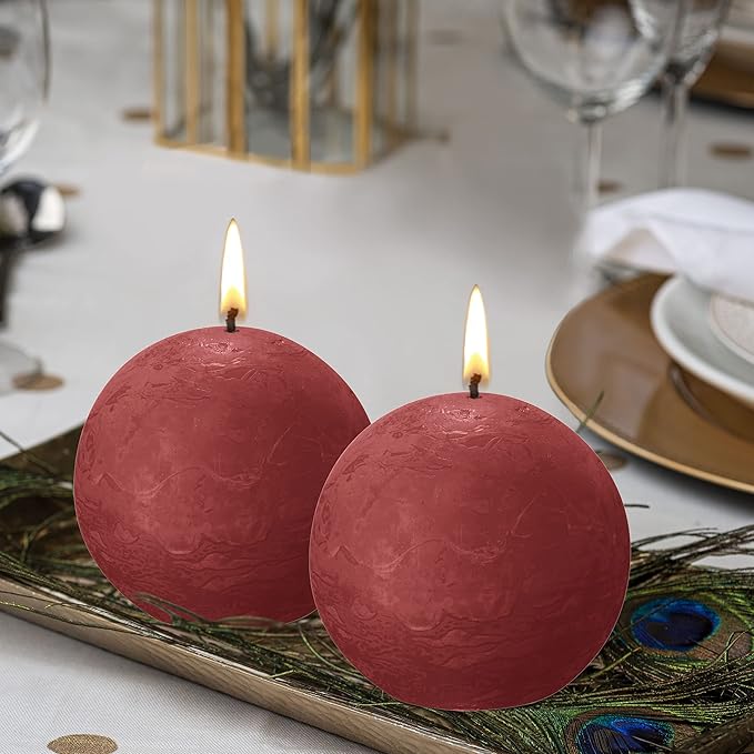BOLSIUS 3 Pack Delicate Red Rustic Ball Pillar Candles - 3 Inch - Premium European Quality - Includes Natural Plant-Based Wax - Unscented Dripless Smokeless 25 Hour Party Décor and Wedding Candles