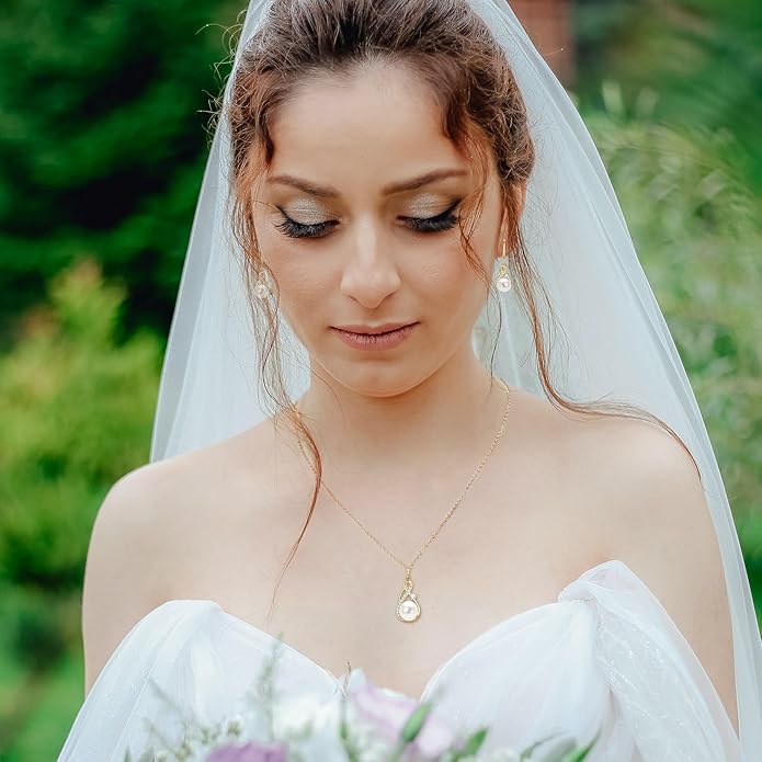 Sterling Silver Pearl Jewelry Set with Shiny Moissanite, Real Freshwater Pearl Earrings Necklace for Women, Wedding Jewelry for Brides Bridesmaid, Mother's Day