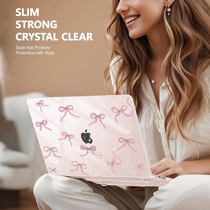 May Chen Case for MacBook Pro 13 inch M2 2023,2022,2021,2020 A2338 M1 A2251 A2289, Plastic Hard Shell Case for MacBook Pro 13" with Touch Bar Fits Touch ID, Sakura Pink Glitter Bow