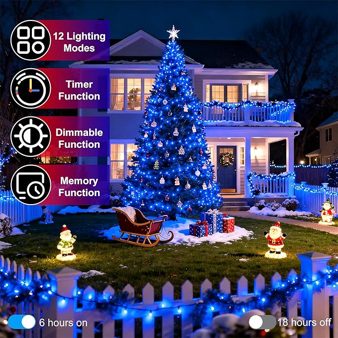 340 LED 90FT Christmas String Lights Outdoor, 12 Pro Modes and Timer Memory & Brightness, Plug in Outdoor Waterproof Green Wire Twinkle Light for for Xmas Yard Tree Wedding Party Decor (Blue)