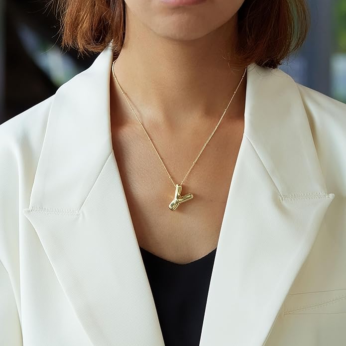 Inerney Valentines Day Gifts Gold Bubble Letter Necklace Initial Necklaces for Women, Chunky 14K Plated Balloon Initials, Trendy Charm Non Tarnish Custom Name Pendant Jewelry Gifts for Mom