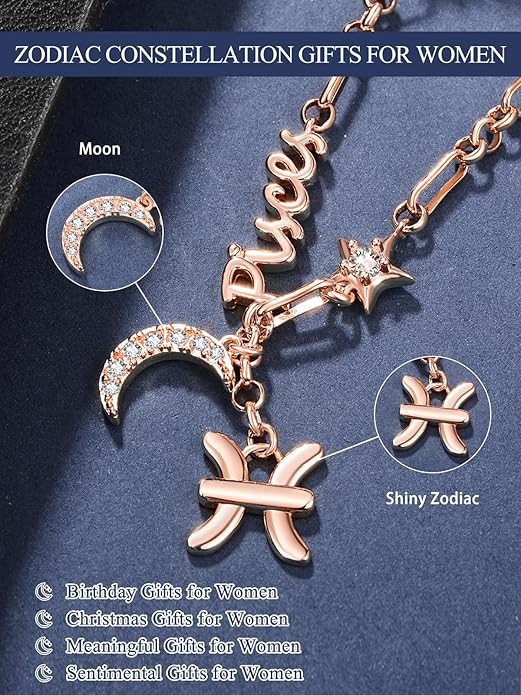 14K Gold/Rose Gold Zodiac Necklace for Women - Horoscope Constellation Pendant with Moon and Star, Luxury Birthday Gifts Jewelry for Her (12 Zodiac Signs)