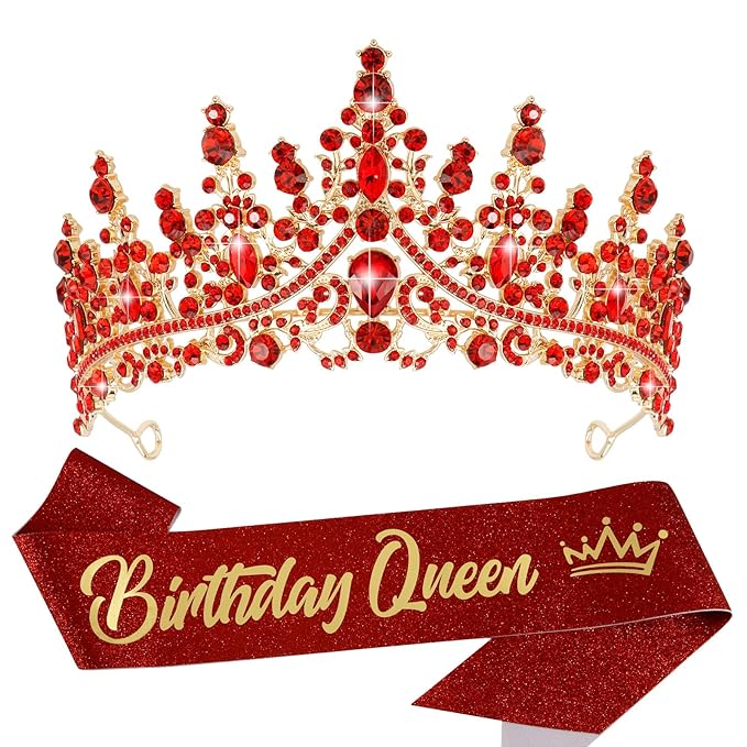 VELSCRUN Birthday Queen Tiara Crowns for Women Girls Red Crystal Birthday Queen Headband Sash Elegant Princess Crown Happy Birth Party Decorations Mom Sisters Birth Gift Hair Accessories