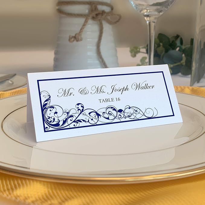Scribble Vintage Swirl Place Cards, Navy (Choose Color), Set of 60, Pre-cut and Scored - Wedding, Party, Dinner, and Special Events - Made in the USA