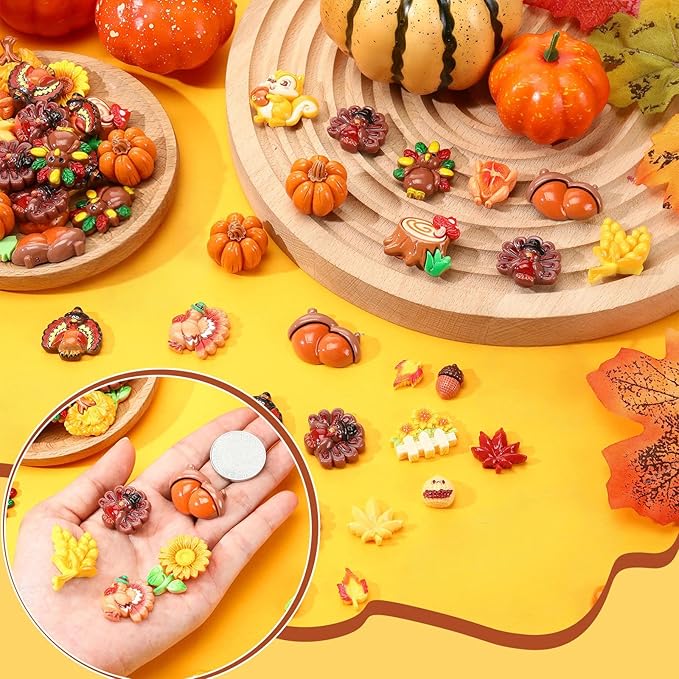 Giegxin 40 Pcs Thanksgiving Resin Charm Fall Autumn Pumpkin Turkey Squirrel Maple Leaf Acorn Wheat Flatback Cabochon Accessories Cute Embellishment Bulk for Jewelry Cellphone Case Scrapbooking DIY