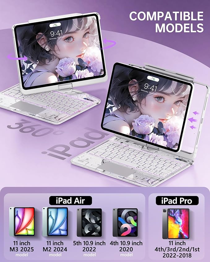 Intermerge Clear Keyboard Case for iPad Air 11" (M3/M2, 2025/2024), Air 5th/4th, Pro 11" 2022-2018, 360° Swivel Multi-Touch Trackpad, 7-Color Backlit, Pencil Holder, Type-C, Frost Pulse