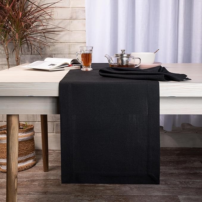 D'Moksha Homes Black Table Runner 14 x 120 Inch - Faux Linen Dining Table Runner 120 Inches Long - Wrinkle Resistant, Machine Washable for Fall, Thanksgiving, Holiday - 100% Recycled Fabric
