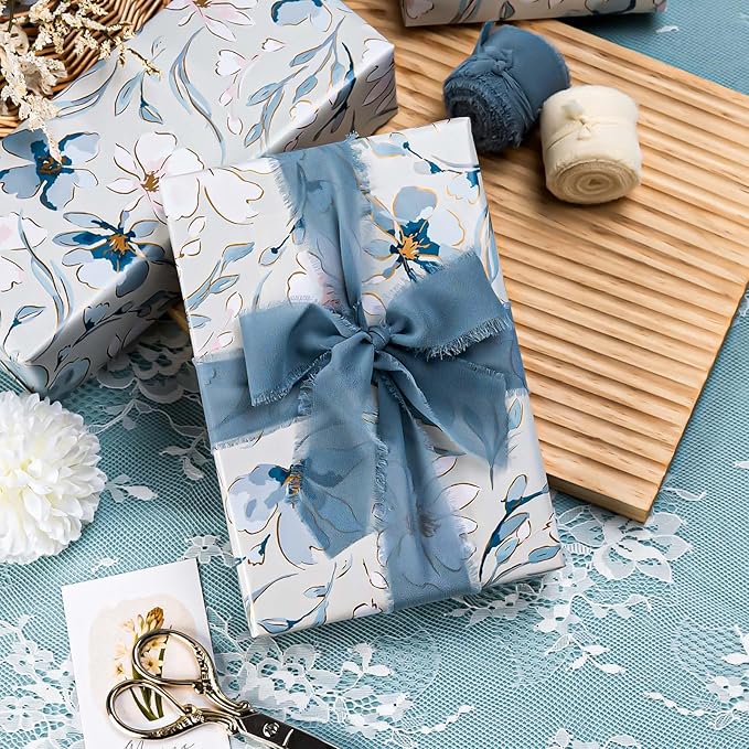 MIMUTI Blue and White Floral Wrapping Paper - 17 in x 33 ft - Gift Wrap with Watercolor Flowers, Branches and Leaves - Perfect for Wedding, Bridal Shower, Mother's Day, Valentine's Day