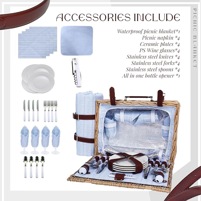 Picnic Baskets Wicker Willow Picnic Set for 4 Persons with Insulated Cooler Bag and Waterproof Picnic Blanket