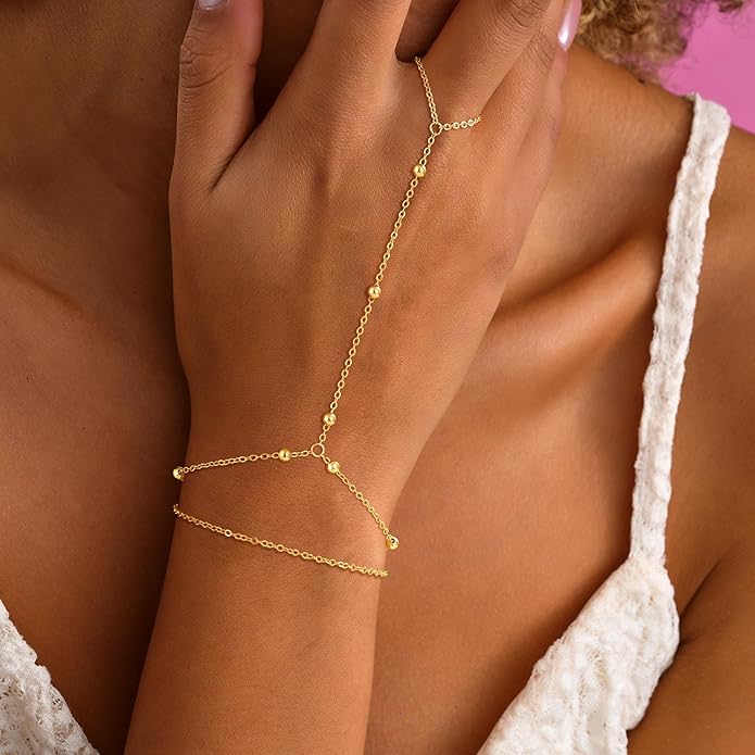Valentine Gift 14K Gold Plated Hand Chain Bracelet for Women Trendy, 2 Pcs Stackable Gold/Silver Finger Ring Bracelet Hand Chain Dainty Non Tarnish Waterproof Set Jewelry Adjustable 7'+2