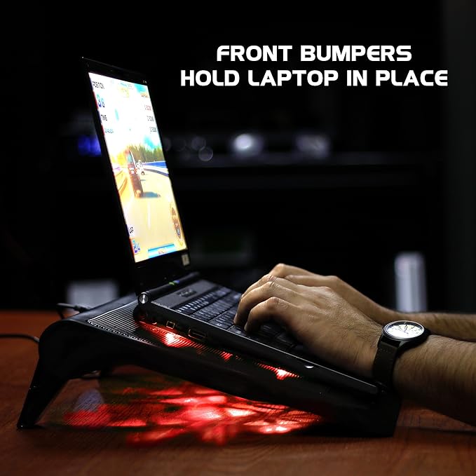 ENHANCE Gaming Laptop Cooling Pad Stand with LED Cooler Fans , Adjustable Height , & Dual USB Port for 17 inch Laptops - 5 Ultra Quiet High Performance Fans 2630 RPM & Built-In Bumpers - Red