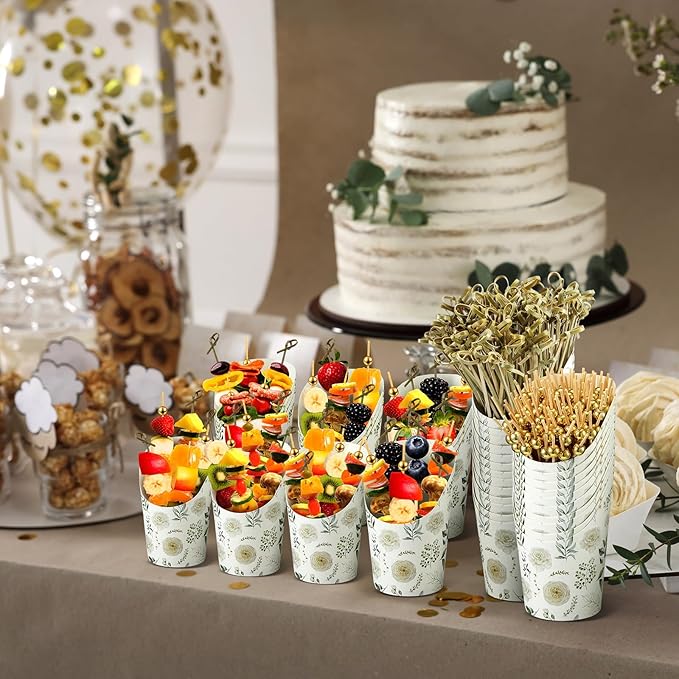 Tioncy 250 Pcs Charcuterie Cups with Cocktail Picks Sets, Bridal Shower Decoration 50 Charcuterie Cups with 200 Sticks for Wedding Baby Shower Floral Boho Party Decorations (White Green,Floral)
