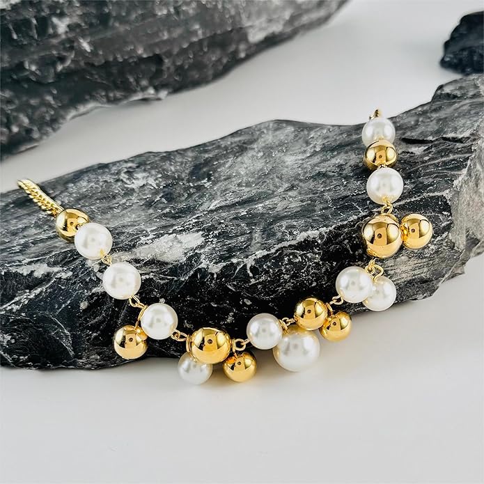 Chunky Pearls Statement Choker Necklace for Women,14K Gold Large Beaded Punk Ball Cluster Collar Necklace Party Dainty Jewelry Gift
