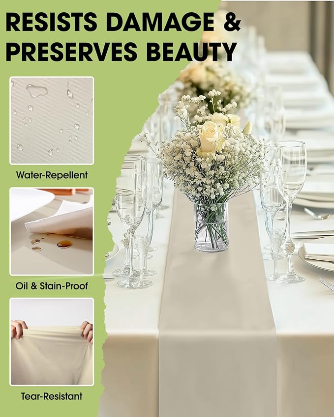 Pureegg Ivory Plastic Table Runners - 12 Pack, 14'' x 108'', Water Resistant & Disposable Cream Centerpiece Decorations for Table Cloth, Wedding, Birthday, Holiday, Baby Shower, Beige Home Decor