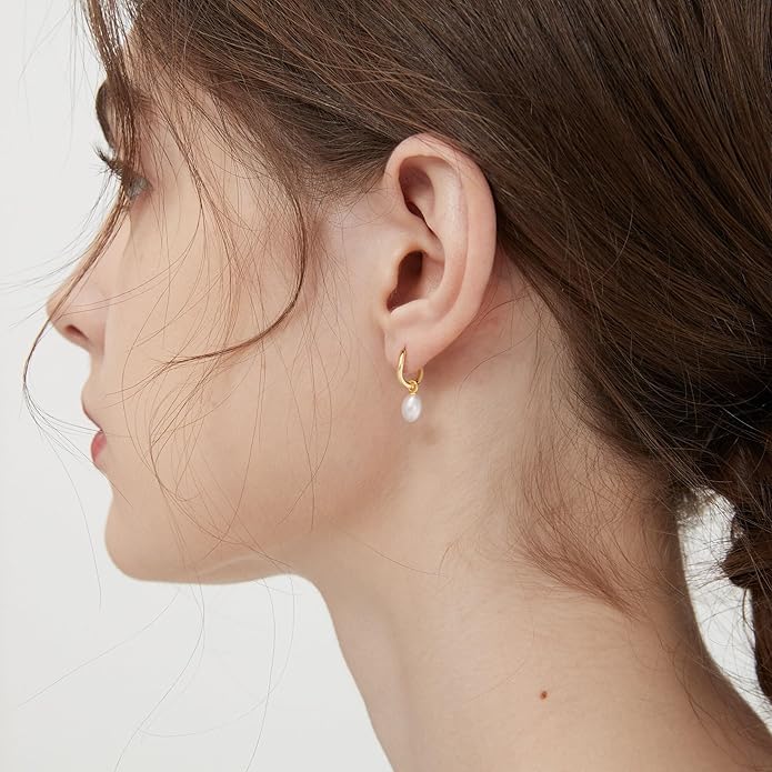 Gold Pearl Dangle Earrings for Women, 14K Gold Plated Small Pearl Drop Huggie Hoop Earrings, Hypoallergenic Dainty Gold Earrings Wedding Jewelry Gifts for Women Trendy