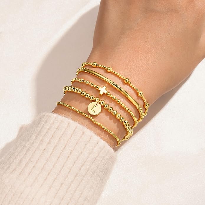 Turandoss Gold Cross Bead Bracelets Sets for Women Girls Valentines Day Gifts - Dainty Layered Cross Bracelets Beaded Initial Bracelet Stack Gold Letter A-Z Bracelet Valentines Day Gifts for Her