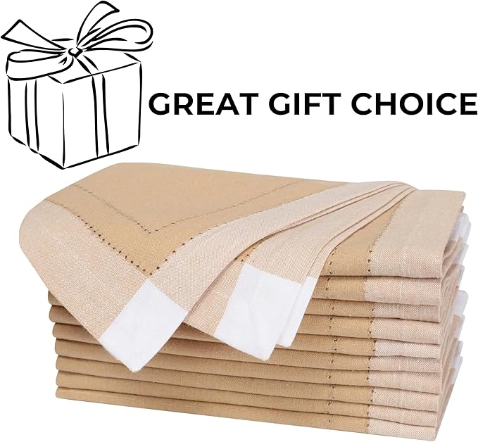 Homidate Cotton Cloth Napkins Set of 12 – 20x20 Beige Multi Double Hemstitched – Machine Washable Dinner Napkins for Weddings, Easter & Special Occasions