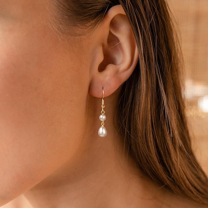 Gold Pearl Dangle Earrings for Women, 14K Gold Plated Small Pearl Drop Huggie Hoop Earrings, Hypoallergenic Dainty Gold Earrings Wedding Jewelry Gifts for Women Trendy