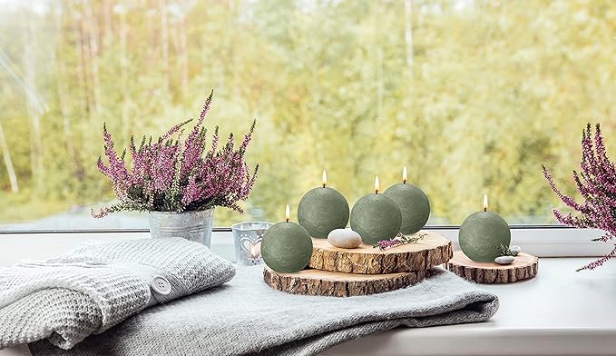BOLSIUS 3 Pack Fresh Olive Rustic Ball Pillar Candles - 3 Inch - Premium European Quality - Includes Natural Plant-Based Wax - Unscented Dripless Smokeless 25 Hour Party Décor and Wedding Candles