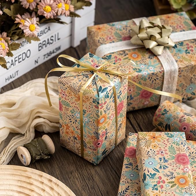 MAYPLUSS Colorful Floral Kraft Wrapping Paper Roll - 17Inch x 16.5Feet - Garden Boho Flower Gift Wrap Paper Spring Summer Blooms Sheet for Wedding, Bridal Shower, Birthday and Engagement