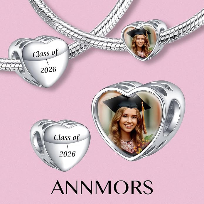 Annmors Personalized Photo Charms For Bracelets/Necklace 925 Sterling Silver Love Heart Shaped Engraved Customize Picture Gift for Birthday Mother's Day,Bead Charms Jewelry for Women