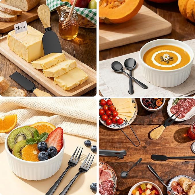 Charcuterie Boards Accessories Bowls with Lids, Cheese Butter Spreader Knife Set Mini Serving Tongs, Forks, Spoons,Dipping Bowls, Toothpick Flags, Honey Dippers For Party Platter Making (Black)