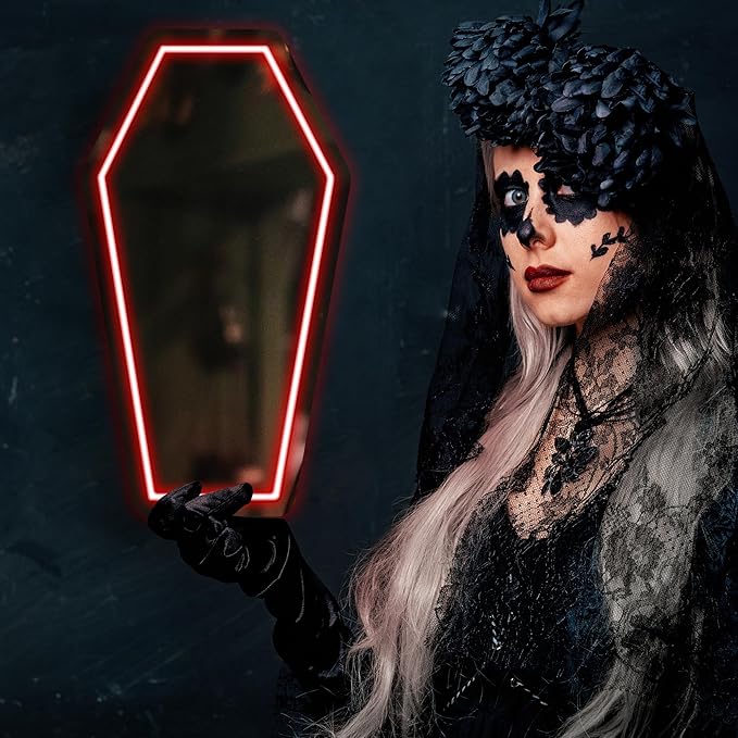 Kavaas Neon Coffin Mirror 16.9" x 9.6", Gothic LED Light Mirror Sign for Gothic Room Decor, Living Room, Bedroom, Bar - Best Gifts for Goth Lovers, Halloween Neon Signs Wall Art, Christmas