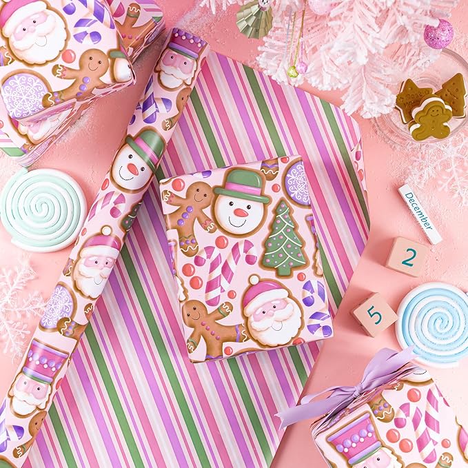 WRAPAHOLIC Reversible Gingerbread Christmas Wrapping Paper - Mini Roll - 17 Inch x 33 Feet - Pink Purple Stripes and Gingerbread Wrapping Paper for Xmas Holiday, Party Celebration