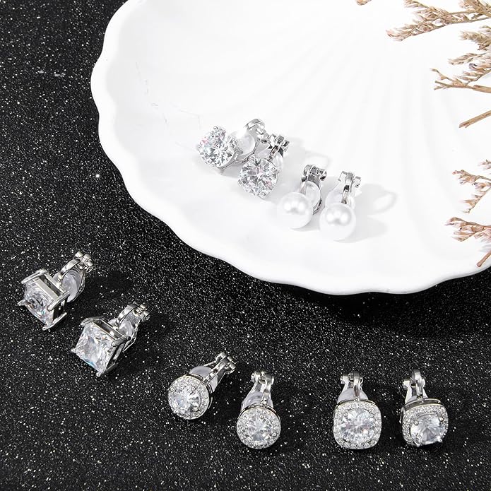 Clip On Earrings for Women Non-Pierced - 5-Pair Set Sparkling CZ Diamond Silver Tone Earrings | Comfortable Fit for Wedding, Prom, Party, Dance Competition | No Piercing Ear Accessories Set