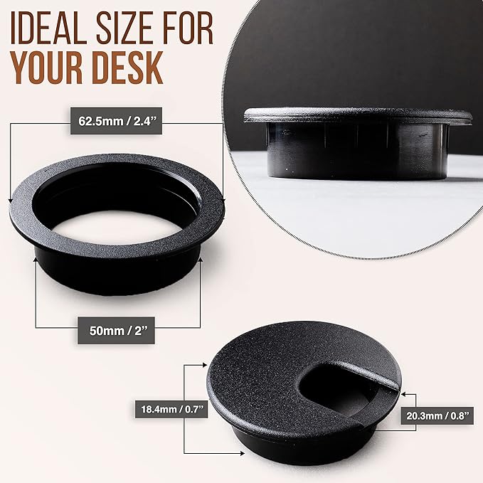 MAHDPRO Desk Grommet 2 Inch (50 mm) Pack of 10 - Black ABS Plastic Desk Cord Hole Cover to Arrange Cables & Wires Through Computer Table/Countertops