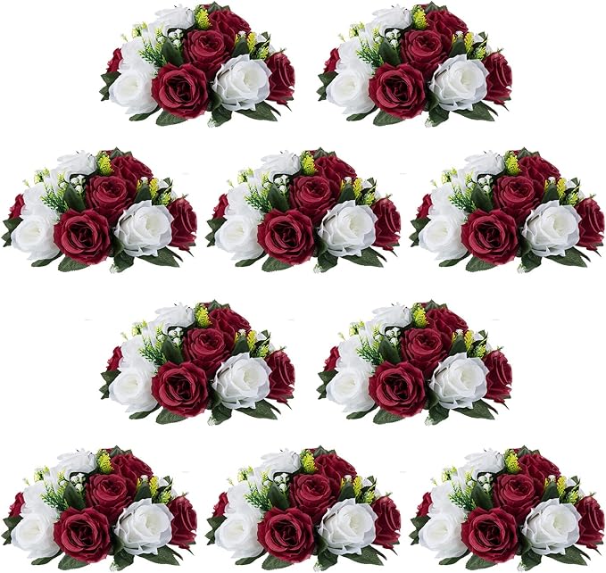 NUPTIO Flower Wedding Centrepieces for Tables - 10 Pcs 9.5in Diameter Burgundy & White Artificial Flowers Rose Ball for Centerpieces Table - Fake Rose Arrangements for Weddings Birthday Party Decor