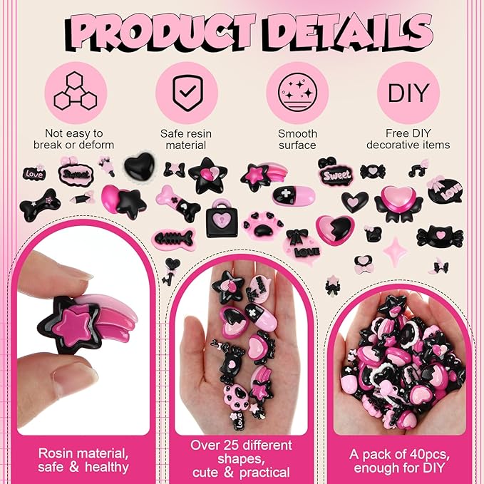 Giegxin 40 Pcs Pink and Black Valentine's Day Resin Charm Love Heart Bow Star Cat Claw Bone Meteor Flatback Cabochon Accessories Cute Embellishment Bulk for Jewelry Cellphone Case Scrapbooking DIY