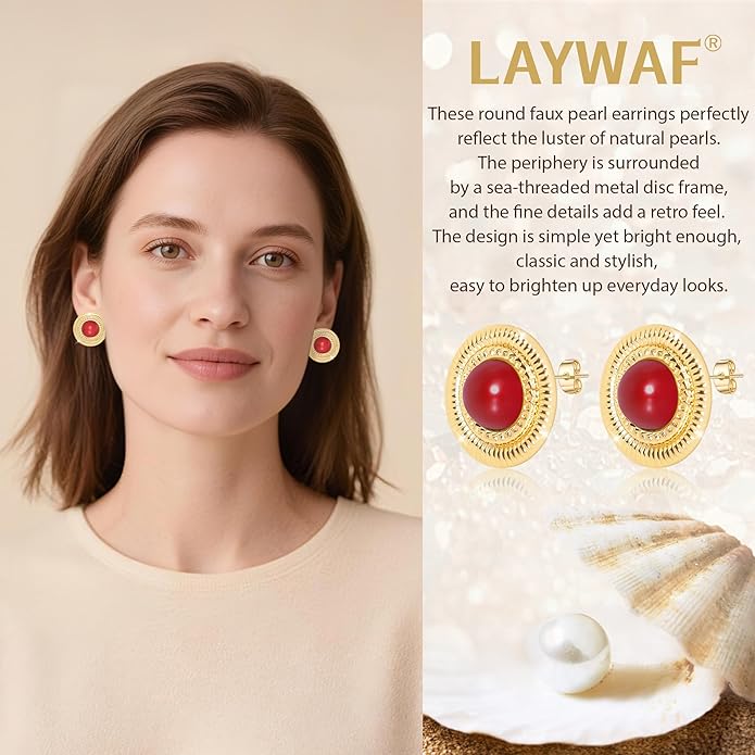 Faux Pearl Gold Plated Stud Earrings for Women, Hypoallergenic Stainless Steel Ear Pin, Available in a Variety of Pearl Colors