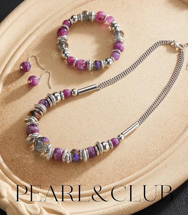 PEARL&CLUB Silver Beaded Statement Necklaces for Women Chunky Bead Necklace Bracelet and Earring Costume Jewelry Sets Gifts for Mom