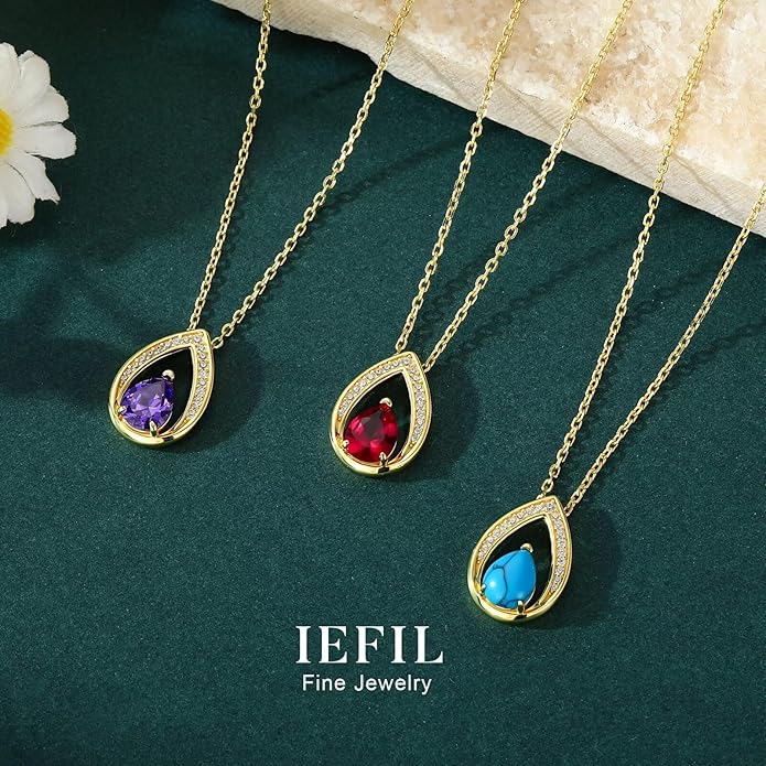 Iefil Valentines Day Gifts for Her - 14K Gold Plated Birthstone Necklace for Women, 925 Sterling Silver Teardrop Necklace, Anniversary Birthday Gifts for Wife Girlfriend Mom