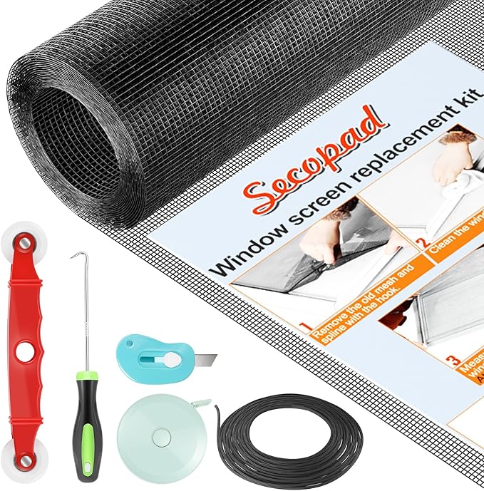 Window Screen Door Repair Kit, 39" x 78" Screen Door Mesh Replacement Kit, Durable Fiberglass Mesh Roll with Tools for Windows Doors Patio and Porch Replacement, Black