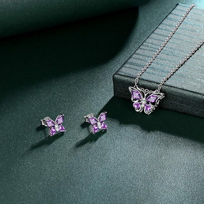 925 Sterling Silver Birthstone Butterfly Jewelry Women Crystal Animal Cute Butterflies Birthday Necklace/Earring/Ring/Bracelet Sets Birth Stone Statement Anniversary Jewellery