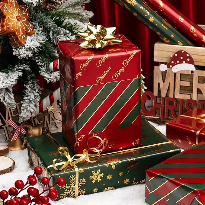 MAYPLUSS Shiny Christmas Wrapping Paper - 17In x 120In Per Roll - Classic Red & Green Stripe, Forest Green & Gold Snowflake, Red & Gold Merry Christmas Text Design Gift Wrap Paper for Holiday, Party