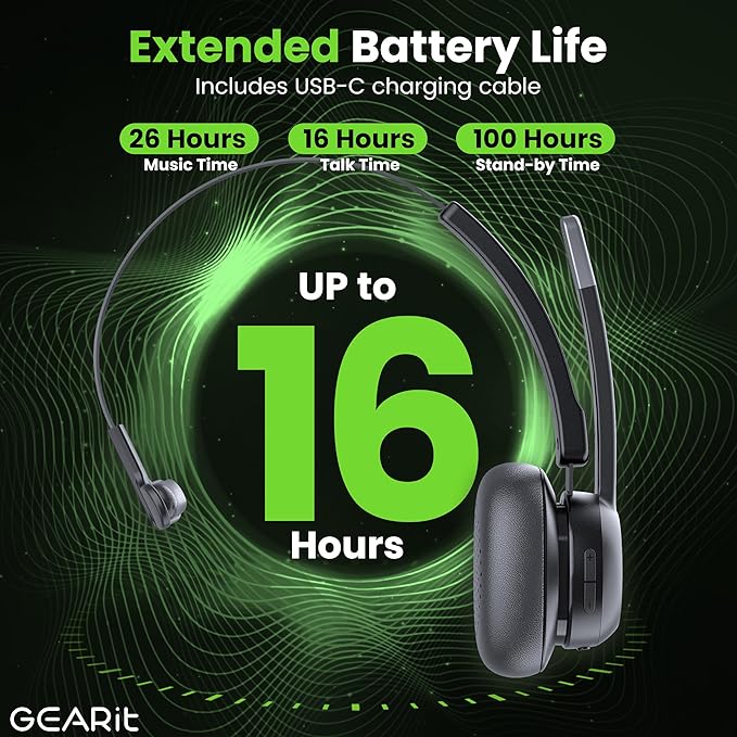 GEARit Wireless Bluetooth Headset with Mic - Multipoint Dual Connect, Noise Cancelling Trucker Headset for Phone Calls - All-Day Talk Time - Headphone with Microphone & Mute Button for Office Work