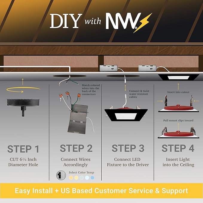 NUWATT 2 Hour Fire Rated Recessed Lighting 6 Inch, Square LED Lights, 5 CCT 2700K/3000K/3500K/4000K/5000K, 15W, Dimmable 1200LM, Black Recessed Lights, Wet & IC Rated, ETL, No Tenmat Needed, 6 Pack