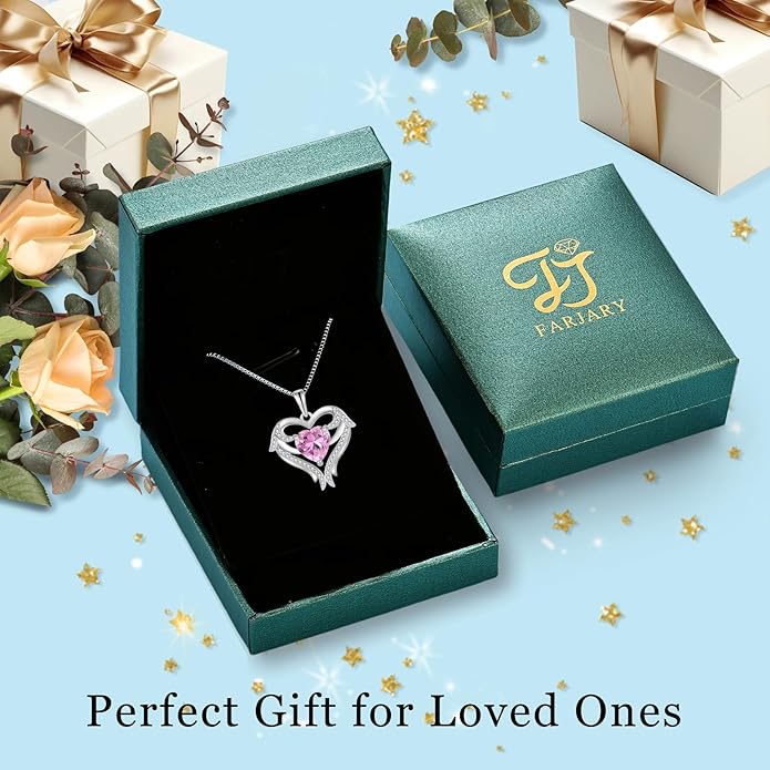 FJ Heart Angel Wings Pendant Necklace 925 Sterling Silver Birthstone Jewelry Gifts for Women