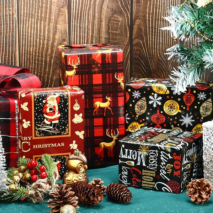 Vnaaem Vintage Christmas Wrapping Paper Red Black Gift Wrap Christmas Text Bufflao Plaid and Reindeer Design for Holiday Party Celebration - 20 X 28Inches Per Sheet(8 Pack)