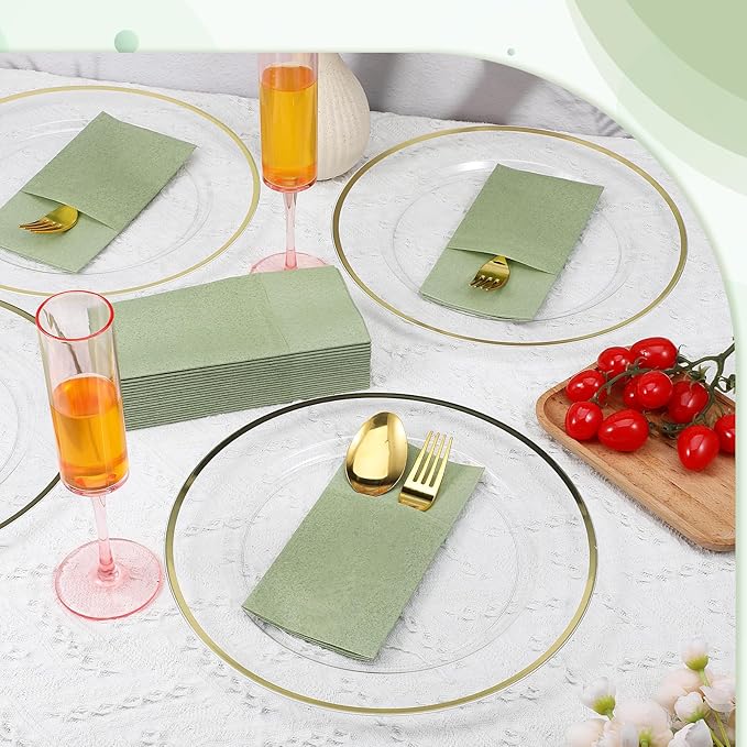 120 Pcs Sage Green Linen Feel Napkins with Pocket, 2 Ply Sage Green Wedding Napkins, Decorative Dinner Napkin Paper, Prefolded Paper Disposable Airlaid Guest Hand Towel (16 x 16 inch)