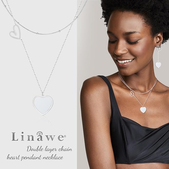 Linawe Layered Choker Heart Pendant Necklace for Women Trendy, Gold/Silver/Rose Gold Chain Stainless Steel Stacked Necklaces, Double Heart Necklace Y2K Preppy Jewelry