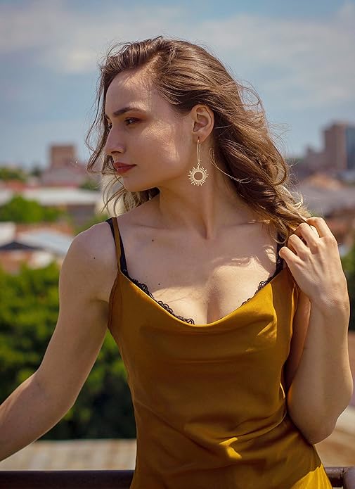 SOFYBJA Dainty 18K Gold Plated Disc Ball Triangle Sunburst Drop Earrings Long Dangle Lightweight Handmade Earrings Jewelry