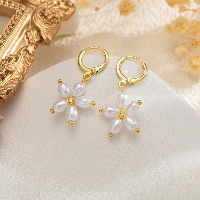 Gold Pearl Dangle Earrings for Women, 14K Gold Plated Small Pearl Drop Huggie Hoop Earrings, Hypoallergenic Dainty Gold Earrings Wedding Jewelry Gifts for Women Trendy