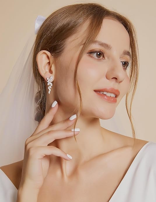 EAMTI Silver Dangle Earrings for Women Cubic Zirconia Marquise Bridal Wedding Earrings 925 Sterling Silver Post Engagement Earring