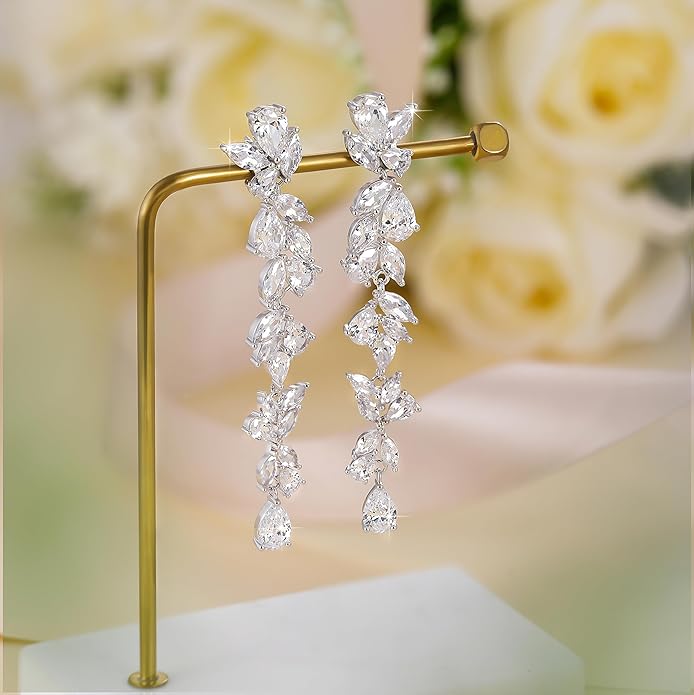 EAMTI Silver Dangle Earrings for Women Cubic Zirconia Marquise Bridal Wedding Earrings 925 Sterling Silver Post Engagement Earring
